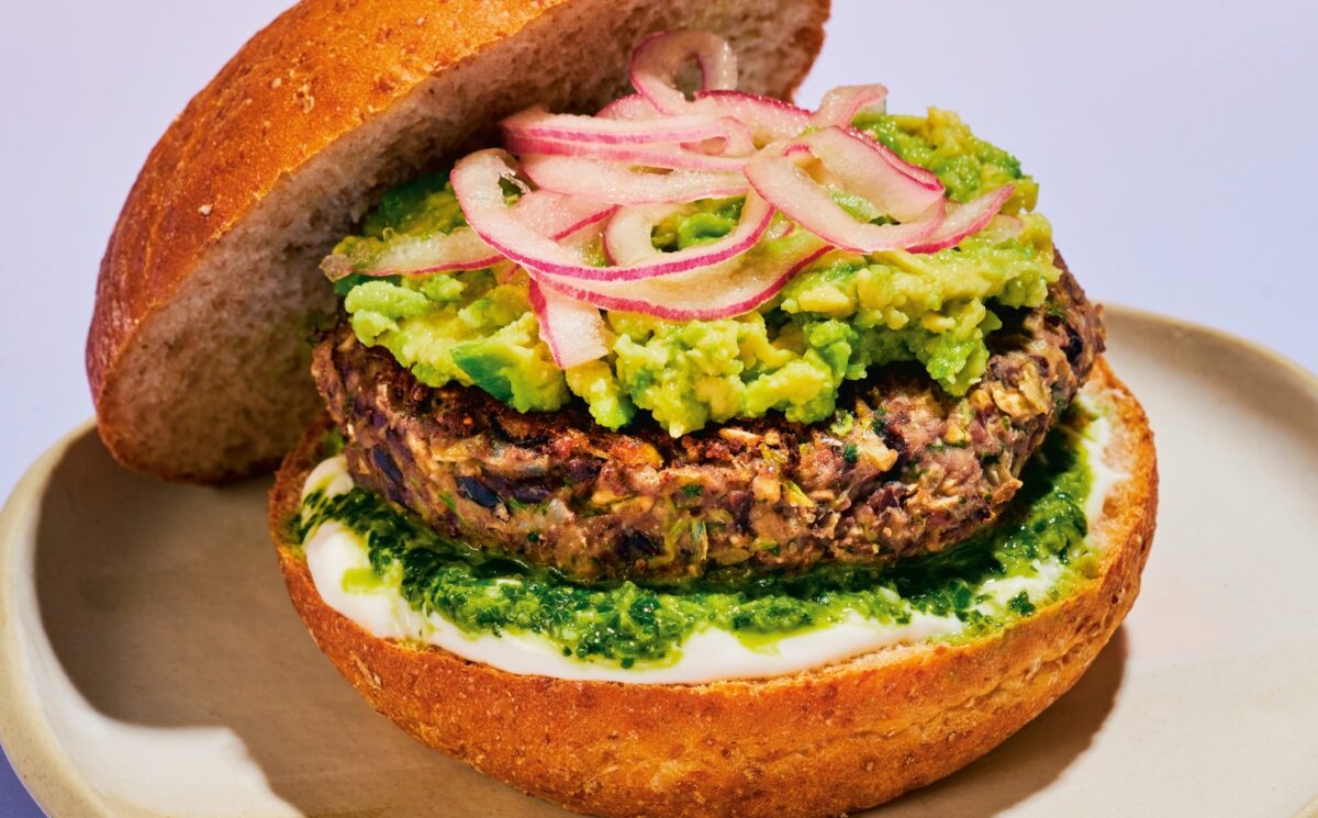 Cumin Lime Black Bean Burgers with cilantro, onion, black beans, lime, and vegan mayo for plant-based meals that keep you full