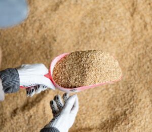 Photo shows a farmer scooping up animal feed. The European Commission (EC) has announced a Protein Action Plan that prioritizes plant-based proteins for livestock animals, not humans. Animal feed often includes plant proteins like soy, which can be used to make nutritious, sustainable foods for human consumption