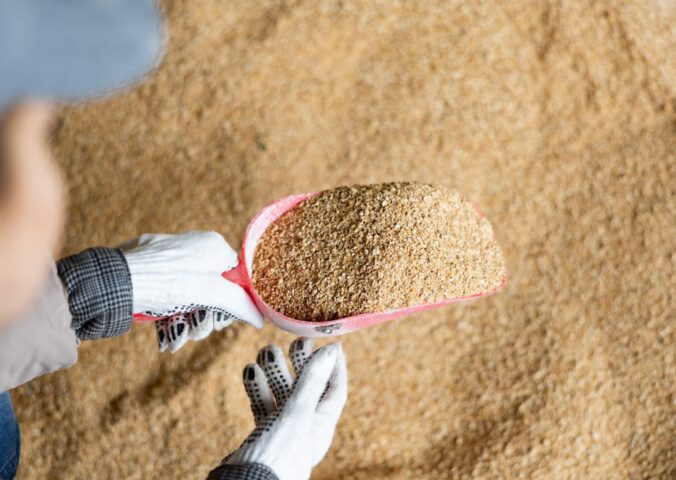 Photo shows a farmer scooping up animal feed. The European Commission (EC) has announced a Protein Action Plan that prioritizes plant-based proteins for livestock animals, not humans. Animal feed often includes plant proteins like soy, which can be used to make nutritious, sustainable foods for human consumption