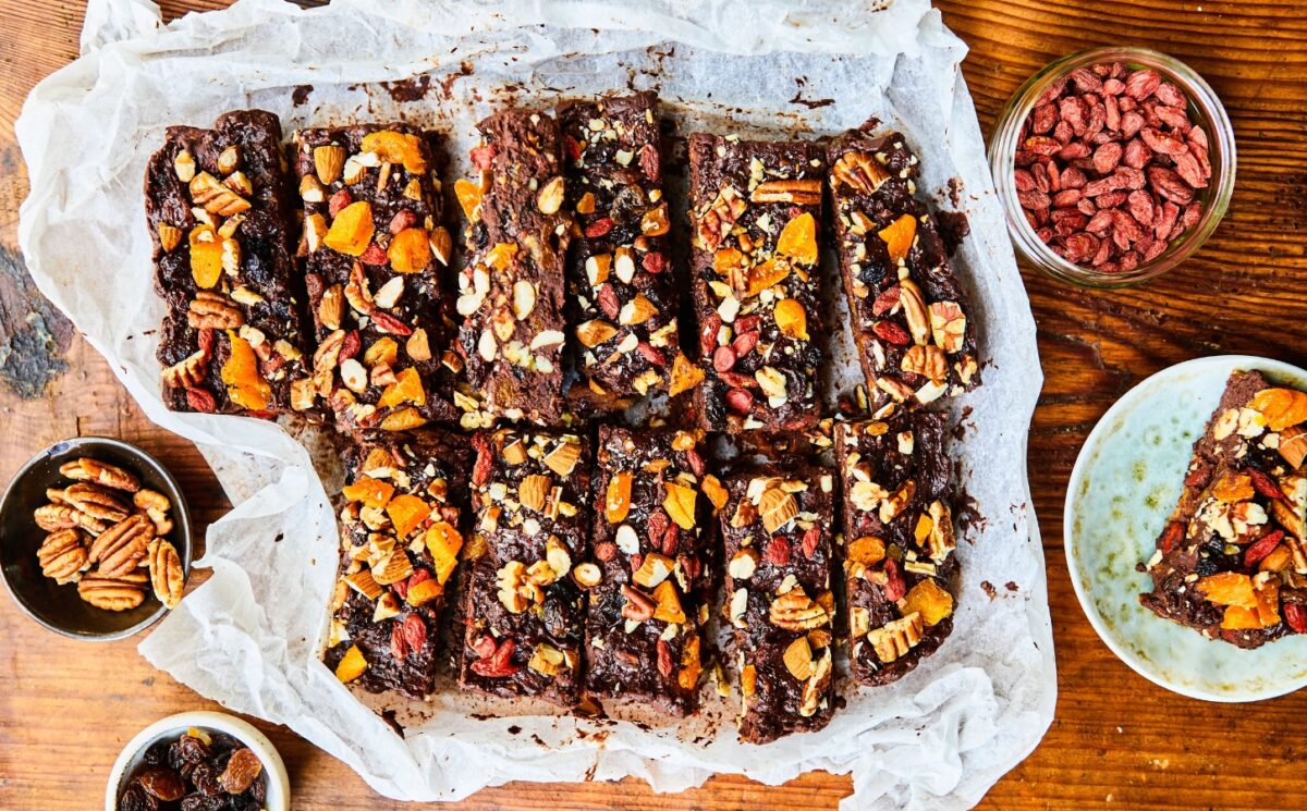 Healthy Rocky Road with dried apricots, pecans, almonds, goji berries, black beans, and cocoa powder