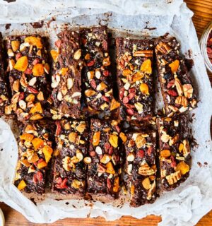Healthy Rocky Road with dried apricots, pecans, almonds, goji berries, black beans, and cocoa powder