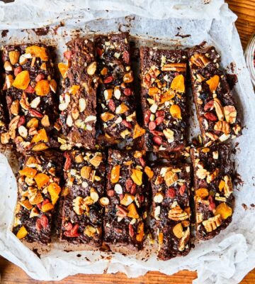 Healthy Rocky Road with dried apricots, pecans, almonds, goji berries, black beans, and cocoa powder