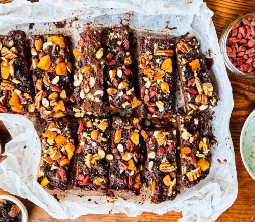 Healthy Rocky Road with dried apricots, pecans, almonds, goji berries, black beans, and cocoa powder