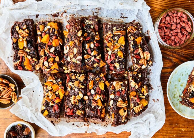 Healthy Rocky Road with dried apricots, pecans, almonds, goji berries, black beans, and cocoa powder