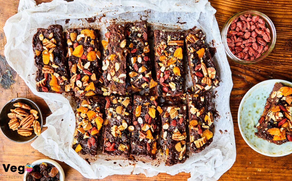 Healthy Rocky Road with dried apricots, pecans, almonds, goji berries, black beans, and cocoa powder