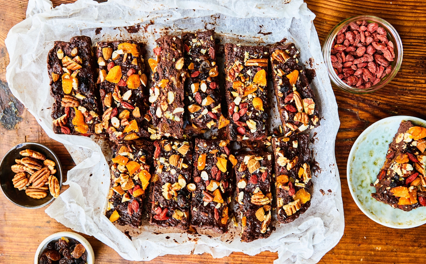 Healthy Rocky Road with dried apricots, pecans, almonds, goji berries, black beans, and cocoa powder
