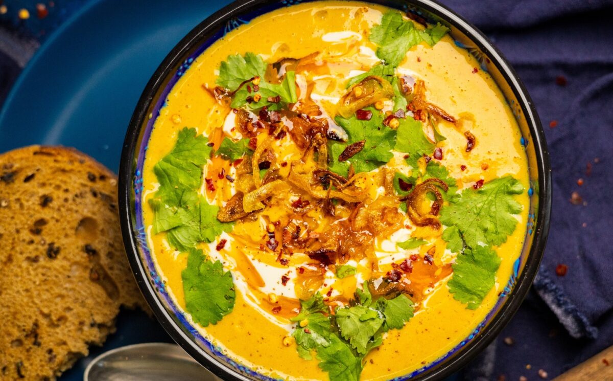 Lentil Curry Soup with garlic ginger, red lentils, silken tofu and lime