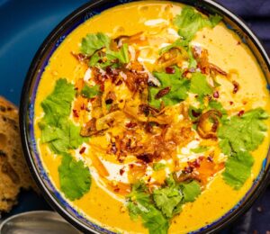 Lentil Curry Soup with garlic ginger, red lentils, silken tofu and lime
