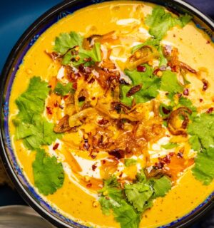Lentil Curry Soup with garlic ginger, red lentils, silken tofu and lime