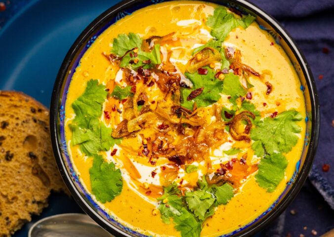 Lentil Curry Soup with garlic ginger, red lentils, silken tofu and lime