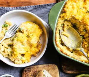 macaroni, cheese and cauliflower bake with peas, silken tofu, cauliflower, cashews, nooch and vegan cheese