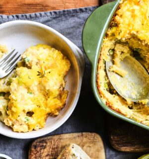 macaroni, cheese and cauliflower bake with peas, silken tofu, cauliflower, cashews, nooch and vegan cheese