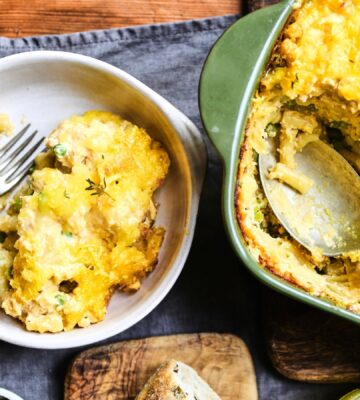 macaroni, cheese and cauliflower bake with peas, silken tofu, cauliflower, cashews, nooch and vegan cheese