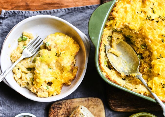macaroni, cheese and cauliflower bake with peas, silken tofu, cauliflower, cashews, nooch and vegan cheese