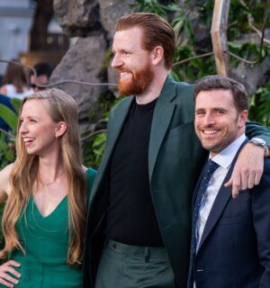 From left to right, photo shows Anna Lapwood, Paul Gorton, Alexander Dragonetti attend the Jurassic World Rebirth" World Premiere at the Odeon Luxe Leicester Square.