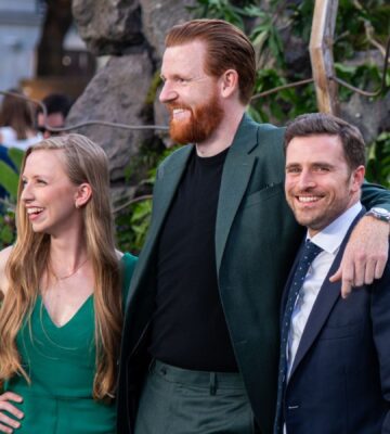 From left to right, photo shows Anna Lapwood, Paul Gorton, Alexander Dragonetti attend the Jurassic World Rebirth" World Premiere at the Odeon Luxe Leicester Square.