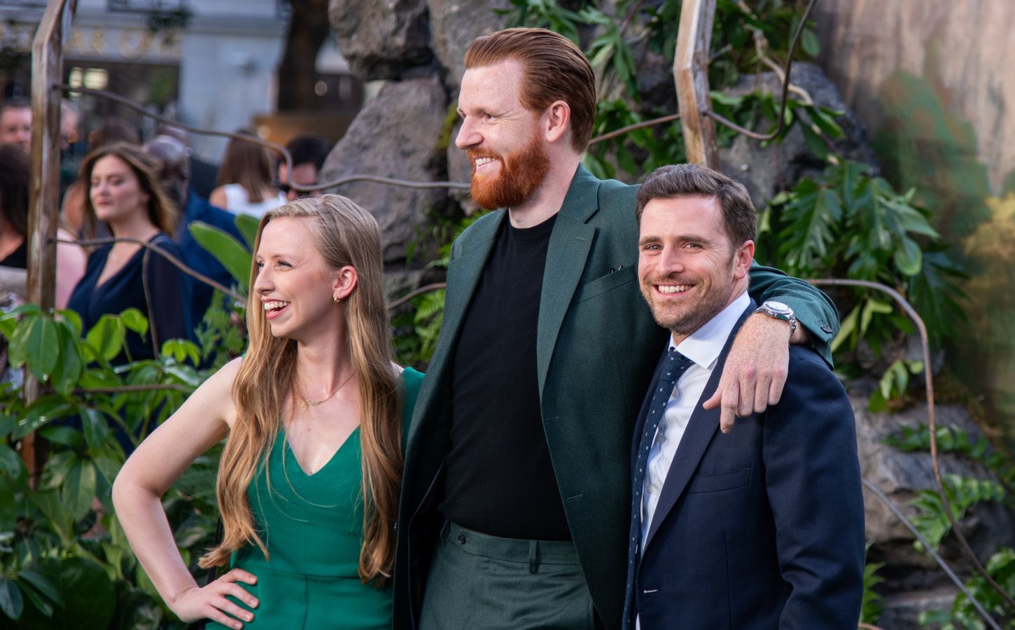 From left to right, photo shows Anna Lapwood, Paul Gorton, Alexander Dragonetti attend the Jurassic World Rebirth" World Premiere at the Odeon Luxe Leicester Square.