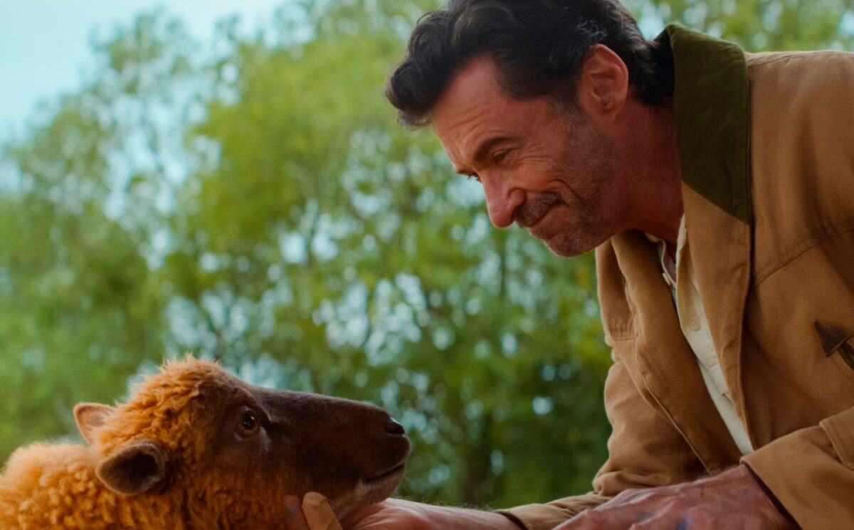Photo shows Hugh Jackman with a computer-generated sheep. Hugh Jackman’s new family film, 'The Sheep Detectives,' has a clear animal rights message.