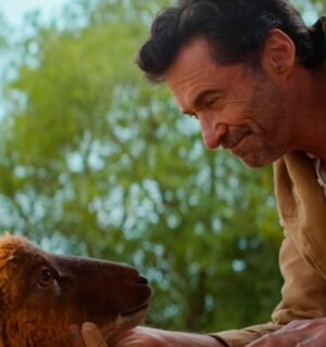 Photo shows Hugh Jackman with a computer-generated sheep. Hugh Jackman’s new family film, 'The Sheep Detectives,' has a clear animal rights message.
