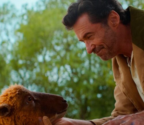 Photo shows Hugh Jackman with a computer-generated sheep. Hugh Jackman’s new family film, 'The Sheep Detectives,' has a clear animal rights message.