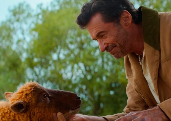 Photo shows Hugh Jackman with a computer-generated sheep. Hugh Jackman’s new family film, 'The Sheep Detectives,' has a clear animal rights message.