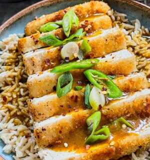 tofu katsu curry with brown rice, carrot and onion curry, and a panko-covered piece of tofu for plant-based meals that keep you full
