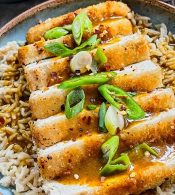 tofu katsu curry with brown rice, carrot and onion curry, and a panko-covered piece of tofu for plant-based meals that keep you full
