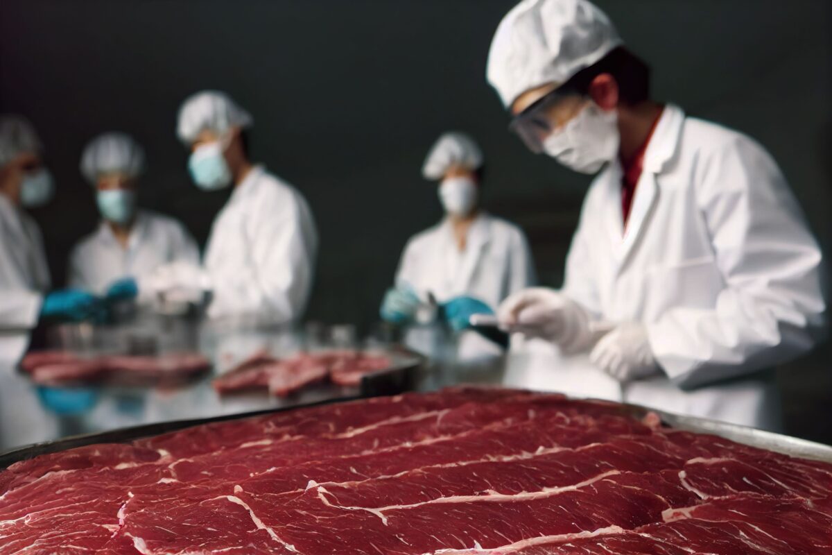 Photo shows people in white coats and PPE preparing cultivated meat in trays. The UK has published fresh guidance for companies developing new cultivated meat proteins and other novel foods