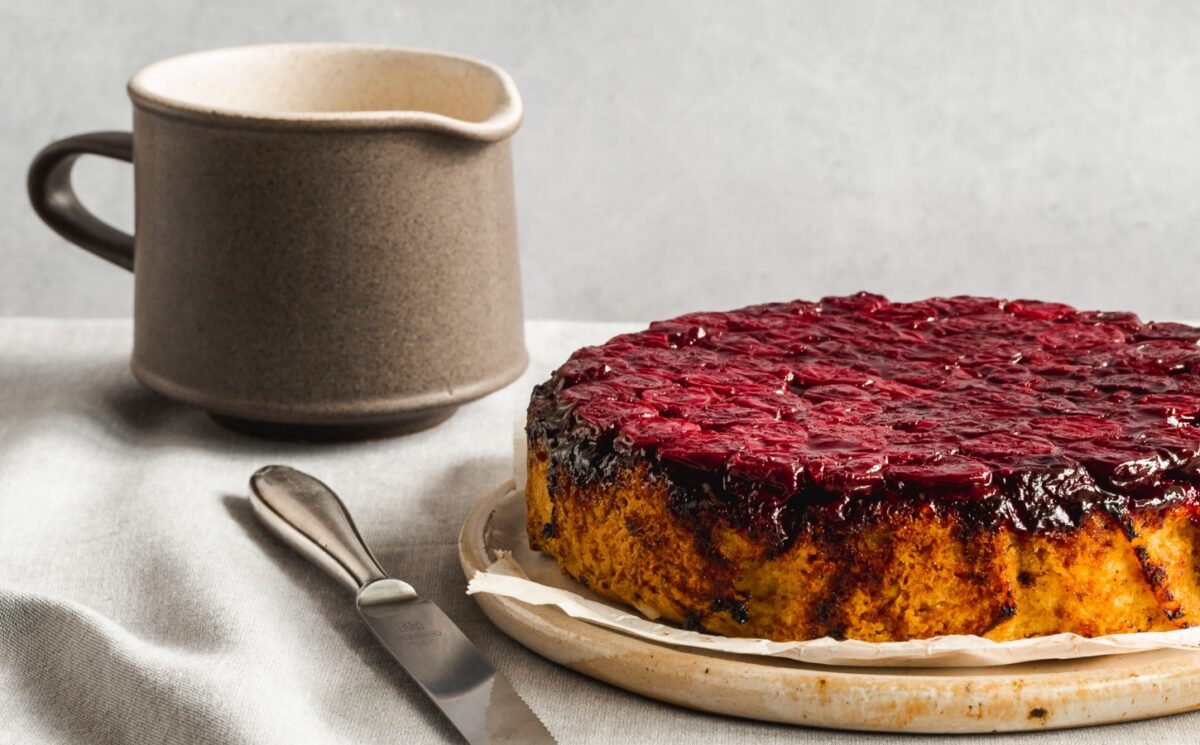 gluten-free upside down sour cherry cake with creme anglaise for vegan cherry recipes