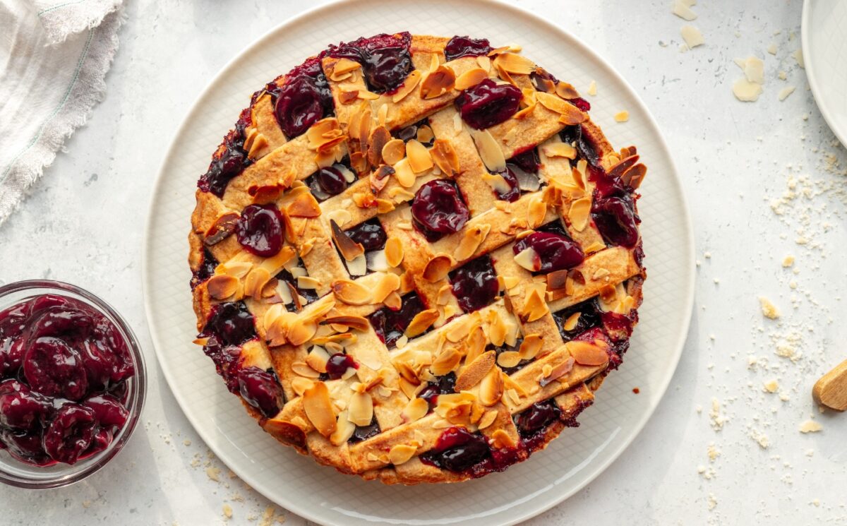 Vegan Almond Cherry Pie with almond flour and lattice top