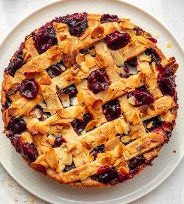 Vegan Almond Cherry Pie with almond flour and lattice top