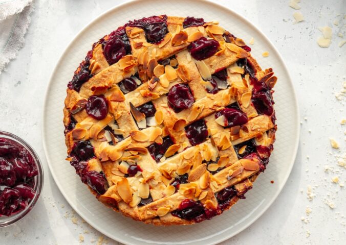 Vegan Almond Cherry Pie with almond flour and lattice top