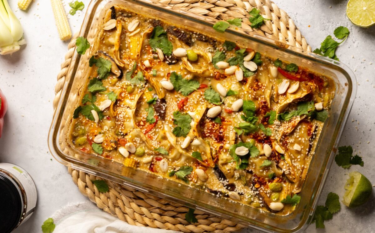 Vegan One-Pot Oven Dumplings with coconut milk, Thai seasoning, edamame, peanuts and more