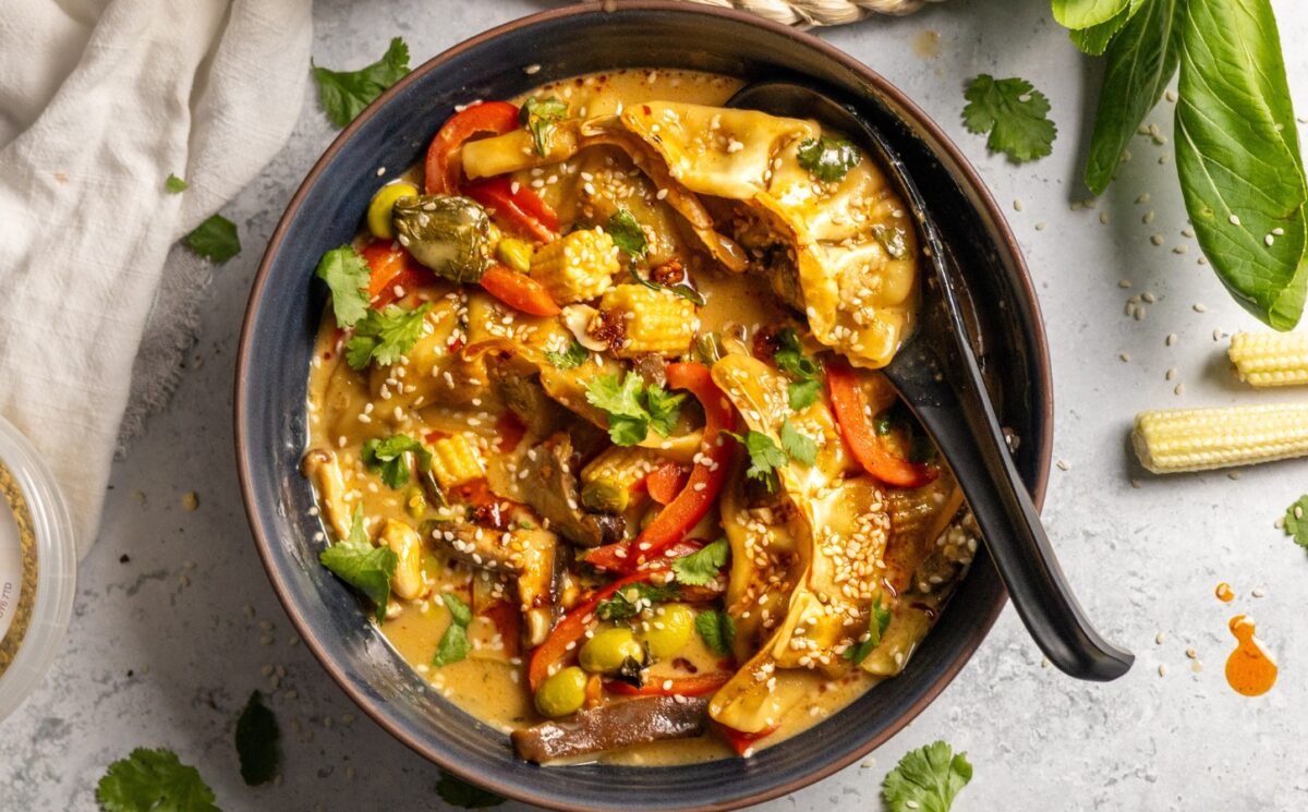 Vegan One-Pot Oven Dumplings with coconut milk, Thai seasoning, edamame, peanuts and more