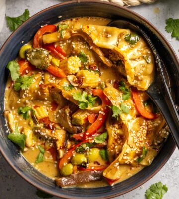 Vegan One-Pot Oven Dumplings with coconut milk, Thai seasoning, edamame, peanuts and more