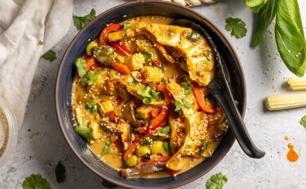 Vegan One-Pot Oven Dumplings with coconut milk, Thai seasoning, edamame, peanuts and more