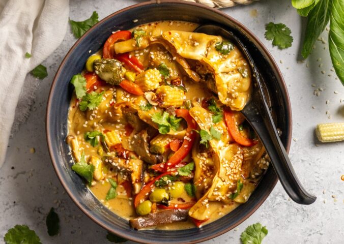 Vegan One-Pot Oven Dumplings with coconut milk, Thai seasoning, edamame, peanuts and more