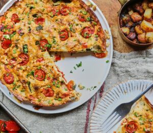 Vegan Vegetable Frittata with potato, tofu, peppers, onions, and nutritional yeast