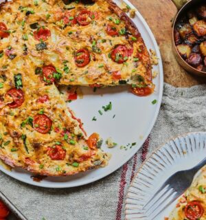 Vegan Vegetable Frittata with potato, tofu, peppers, onions, and nutritional yeast
