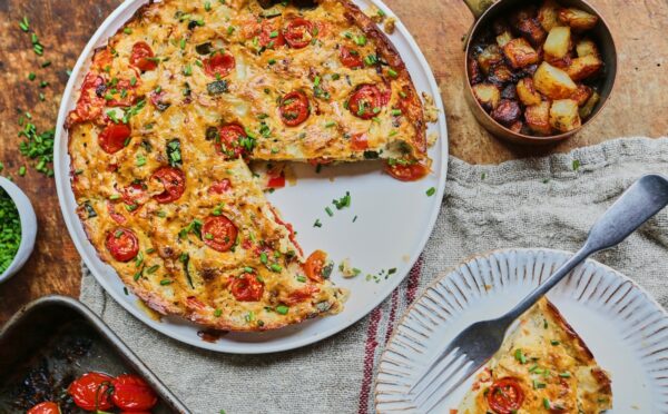 Vegan Vegetable Frittata with potato, tofu, peppers, onions, and nutritional yeast