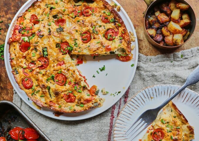 Vegan Vegetable Frittata with potato, tofu, peppers, onions, and nutritional yeast