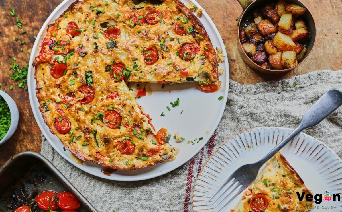 Vegan Vegetable Frittata with potato, tofu, peppers, onions, and nutritional yeast