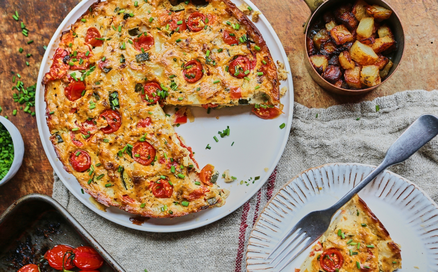 Vegan Vegetable Frittata with potato, tofu, peppers, onions, and nutritional yeast