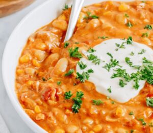 White Jackfruit Chili with tomato, spices, rice milk, and vegan mozzarella