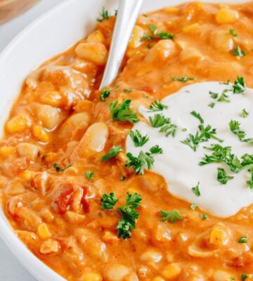 White Jackfruit Chili with tomato, spices, rice milk, and vegan mozzarella