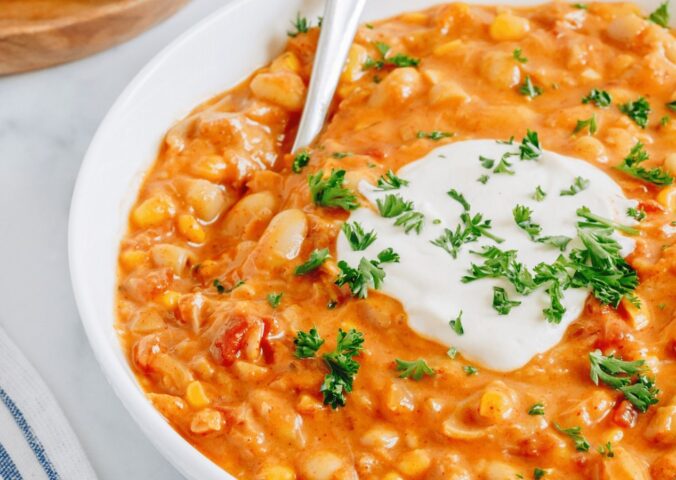 White Jackfruit Chili with tomato, spices, rice milk, and vegan mozzarella