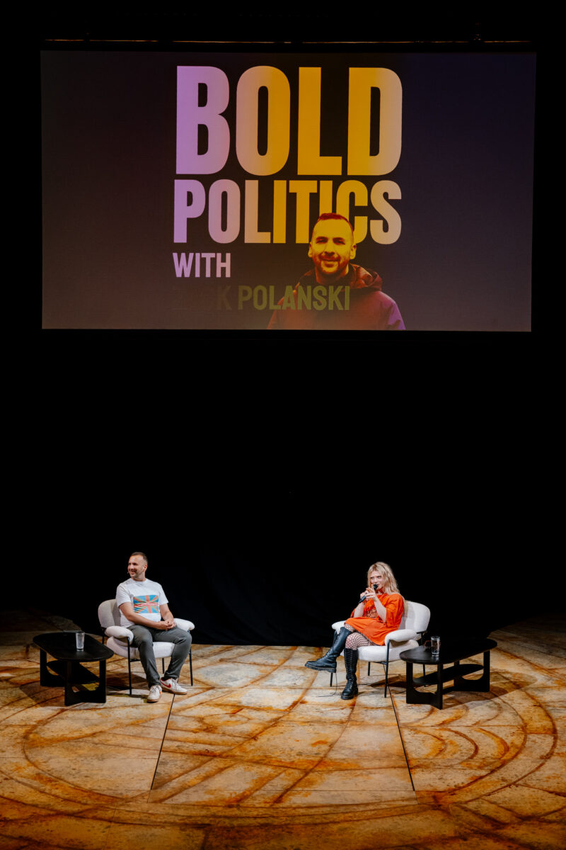 Photo shows Zack Polanski interviewing Bimini for an episode of his podcast, 'for an episode of Bold Politics with Zack Polanski,' earlier this month. Zack Polanski interviewed vegan drag queen, writer, musician, and activist Bimini last week at the Crossed Wires podcast festival in Sheffield, UK