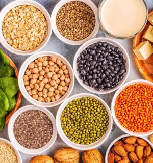 Vegan protein sources including tofu, legumes, nuts, and seeds arranged together, to illustrate article on how eating less protein can boost health and longevity