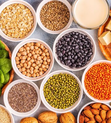 Vegan protein sources including tofu, legumes, nuts, and seeds arranged together, to illustrate article on how eating less protein can boost health and longevity