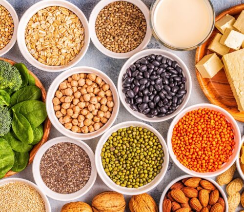 Vegan protein sources including tofu, legumes, nuts, and seeds arranged together, to illustrate article on how eating less protein can boost health and longevity